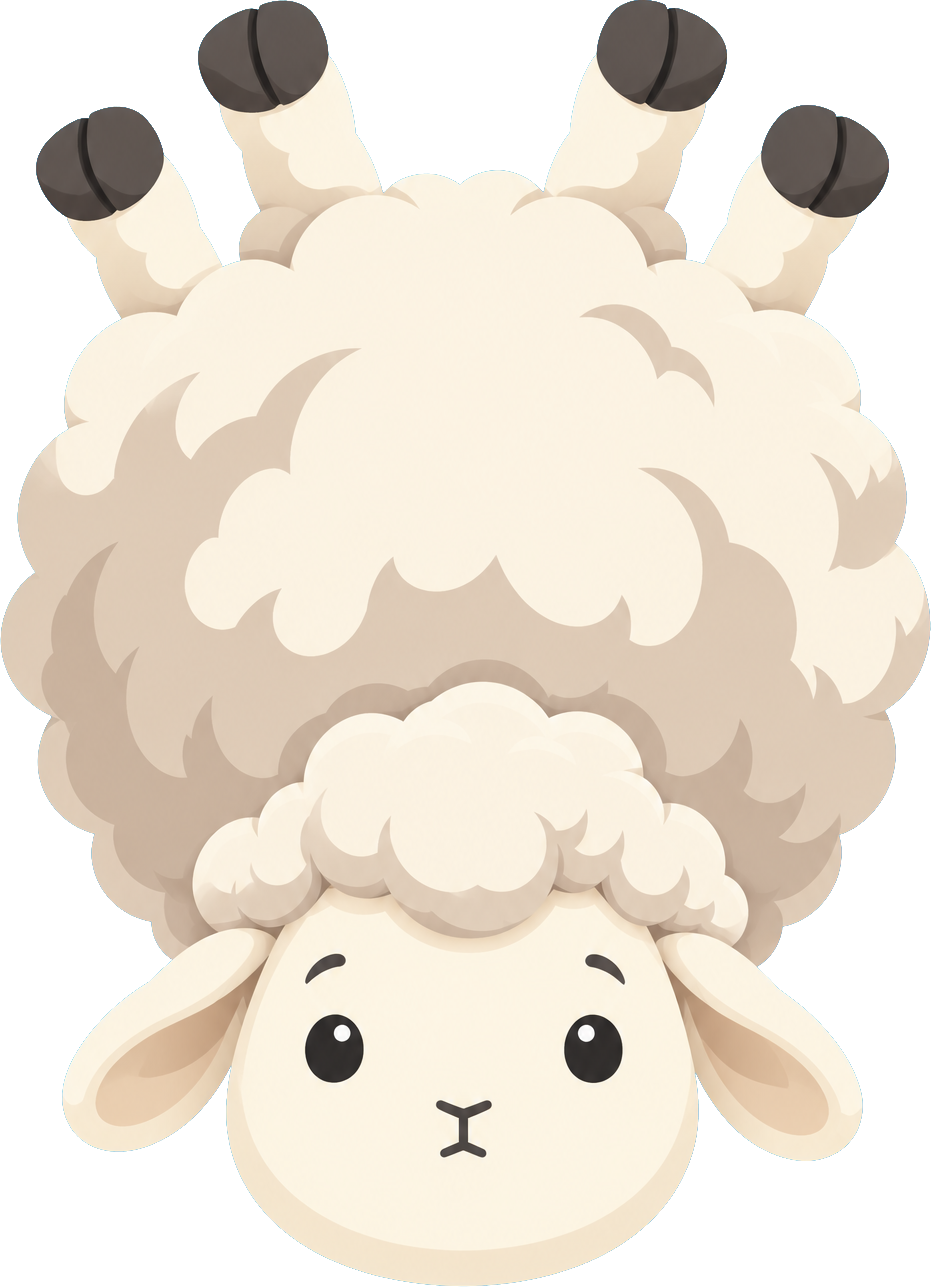 Inverse Ewe Turn, a pale-blue ewe upside down on near-black, with four hooves pointing up and a calmly confused face below her woolly body.