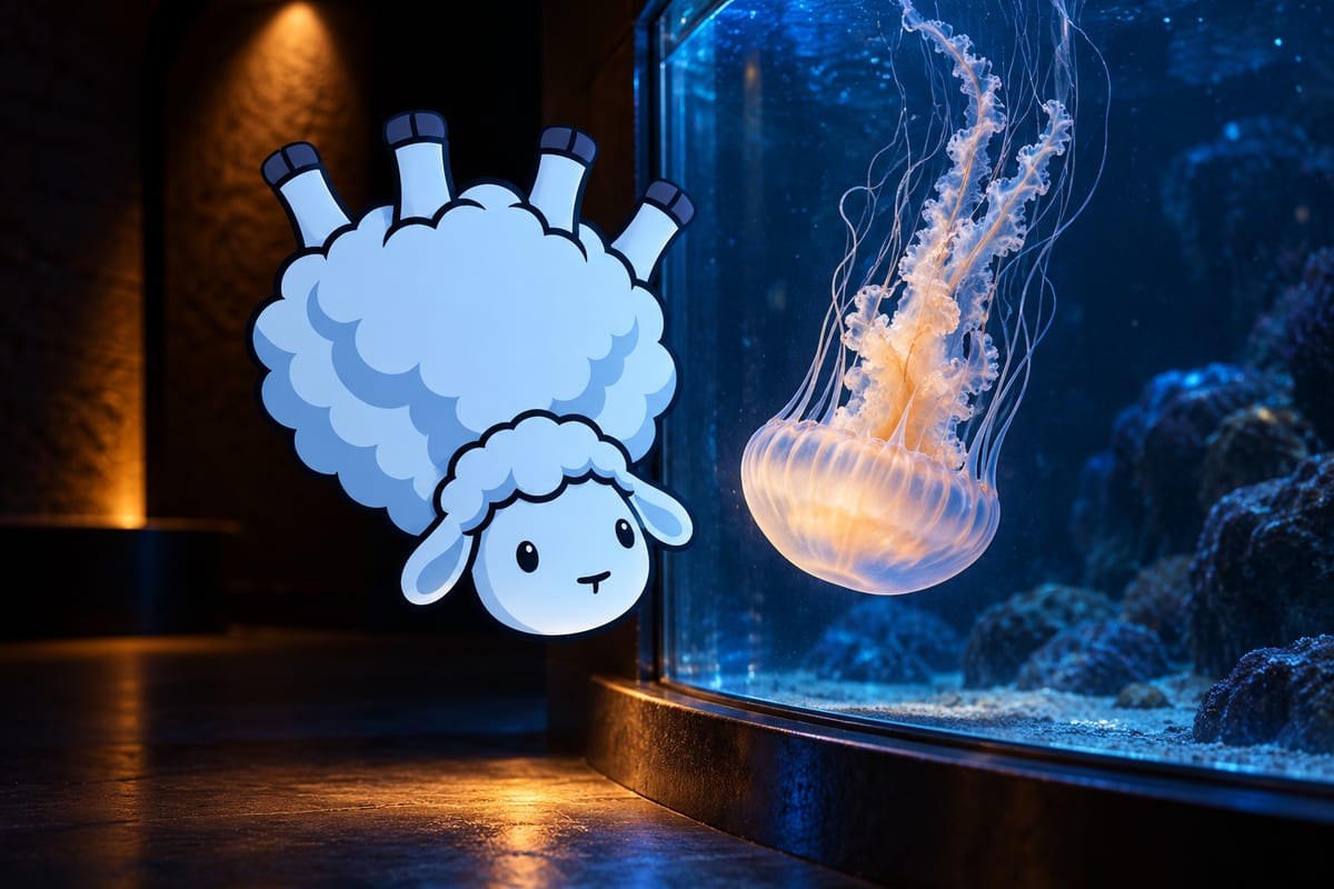 An upside-down pale-blue ewe with floppy ears and darker-blue wool shadows against a solid near-black background.