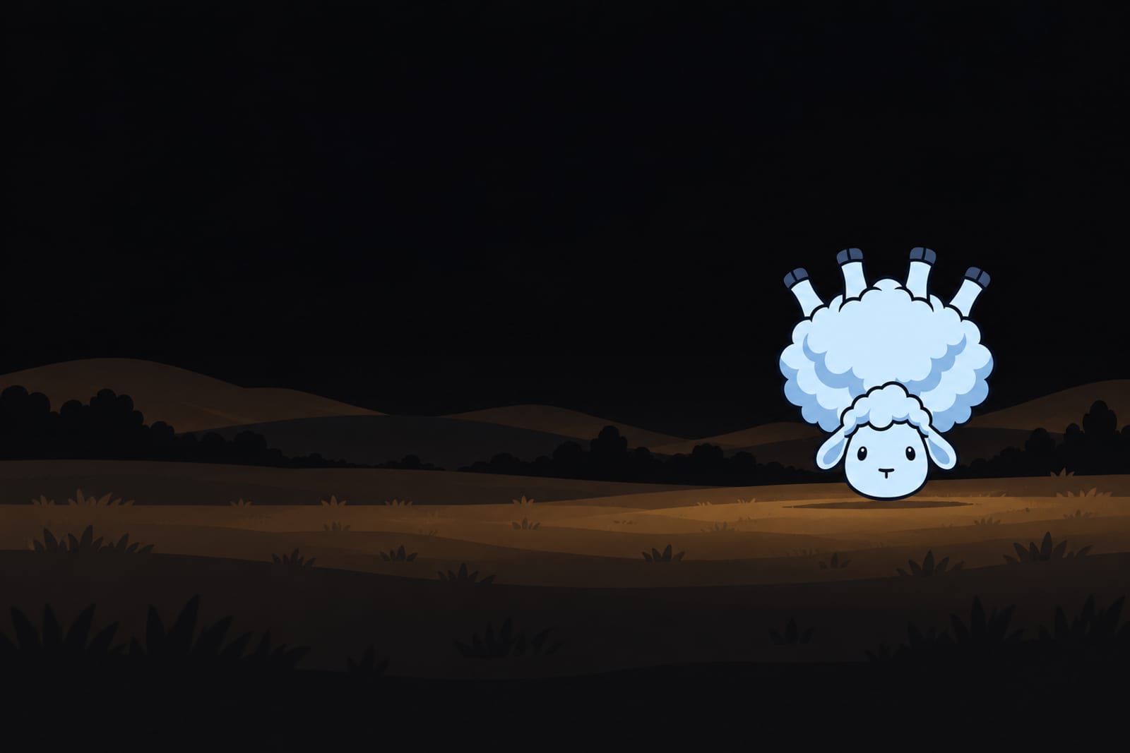 An upside-down pale-blue ewe with floppy ears and darker-blue wool shadows against a solid near-black background.